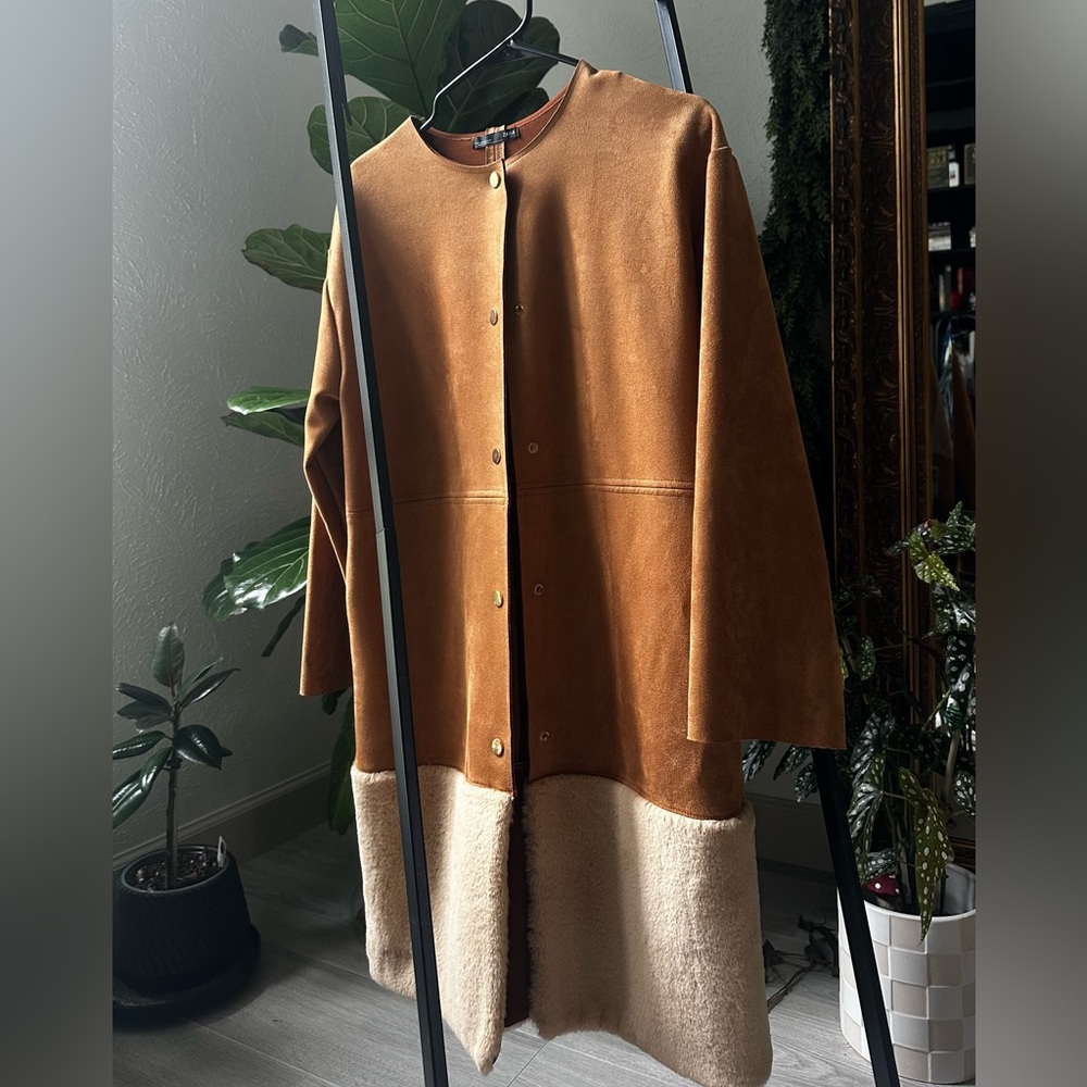 Zara Two-Tone Tan Teddy Coat with Cream Shearling Hem
